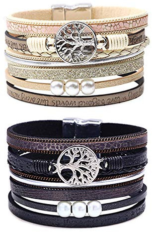 Lederarmband Damen Herren Leder Wickelarmbänder Baum des Lebens Armband mit Magnetverschluss aus Edelstah Bracelet für Frauen & Mädchen (Beige + Schwarz)
