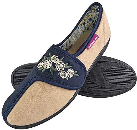 DUNLOP - Femme Floral Imprimé Pantoufles en Mousse À Mémoire Chaussons avec Fermeture Velcro pour Personne agee (39 EU, Navy Cream)