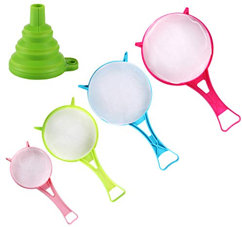 BENBO 4Pcs Plastic Mesh Strainer Colander Set, Food Soy Milk Flour Sieve Plastic Colander Strainer with Long Handle Icing Sugar Sifters Fine Strainer Tea Filter and Silicone Foldable Funnel
