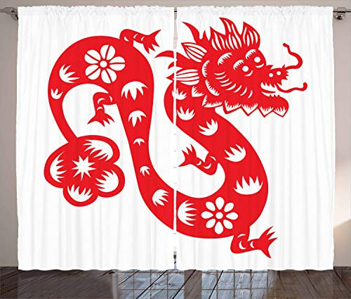ABAKUHAUS Traditionnel Rideaux, Art Japonais Dragon, Décoration Intérieure Accent Ensemble de 2 Panneaux, 280 cm x 245 cm, Blanc Rouge
