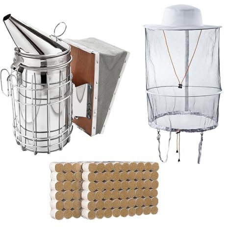 Kit de Herramientas de Apicultura,Ahumador de Colmena, Accesorio de Apicultura,Kit de Principiante de Apicultor,Bee Hive Fumador,Sombrero Apicultor