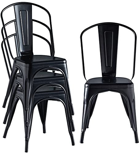 Hironpal Metal Dining Chairs Set of 4-Stackable Dining Chairs-Tolix Chairs with Detachable Backrest for Kitchen Dining Room Bistro Cafe(Matte Black