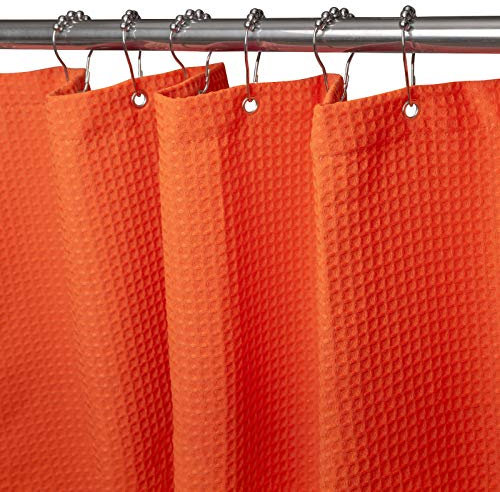 VANZAVANZU Rideau de Douche Motif Gaufre avec Anneaux en Métal Imperméable Anti-Moisissures Polyester Tissu Rideau Salle de Bain Lourd pour Baignoire Cabine de Douche - 182x182CM (Orange)
