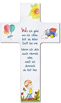 Fritz Cox Kinderkreuz mit Spruch | Wo ich gehe, wo ich stehe | christliches Geschenk | buntes Kinderkreuz mit Jungen | in Geschenkverpackung | 20cm, Junge, weiss