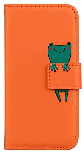 Jeffene for iPhone 13 Mini Case, Cartoon Pattern Folding Stand PU Leather Wallet Flip Cover with TPU Inner Shell, Card Slots, Magnetic Closure (iPhone 13 Mini-Orange+Frog)