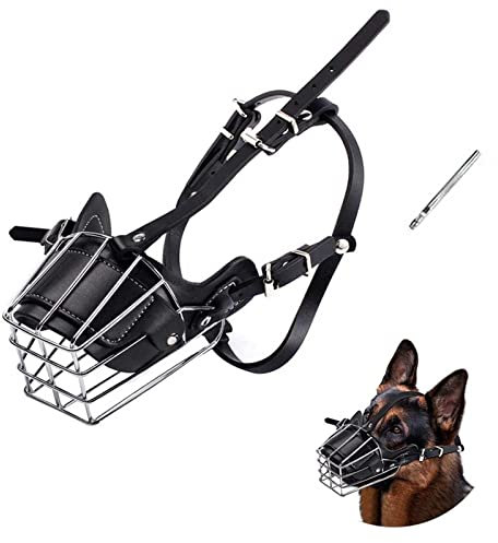Dog Muzzle, Dog Metal Face Basket, Dog Mouth Breathable Adjustable Leather Leash Suitable for Large Medium-Sized Dogs (M)