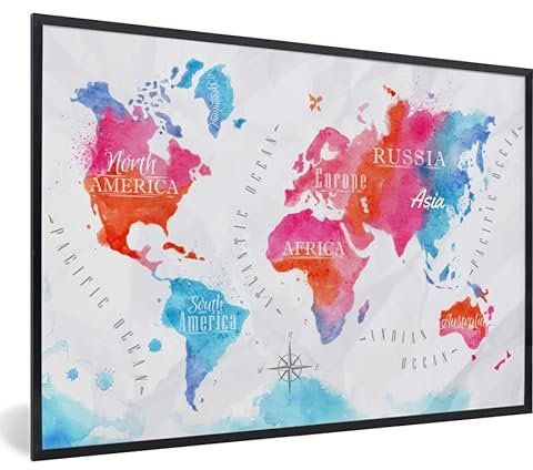 Poster encadré Couleurs - Carte - Rose des vents Tableau deco avec cadre 120x80 cm affiche decoration murale