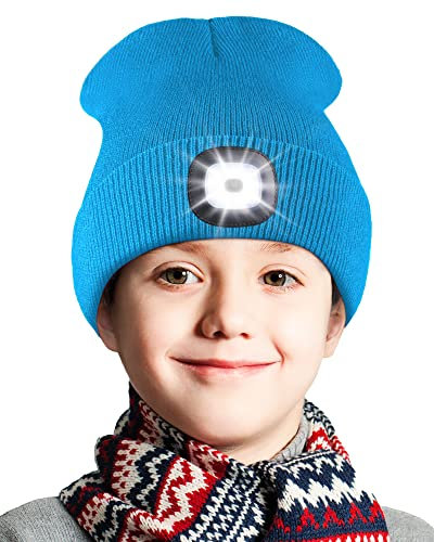 Deilin Kids LED Beleuchtete Mütze mit Licht, USB Wiederaufladbare 4 LED Winterwärmer Strickmütze mit Leichten Haube mit Licht Kinder Geburtstagsgeschenk für Jungen Mädchen, Blauer See