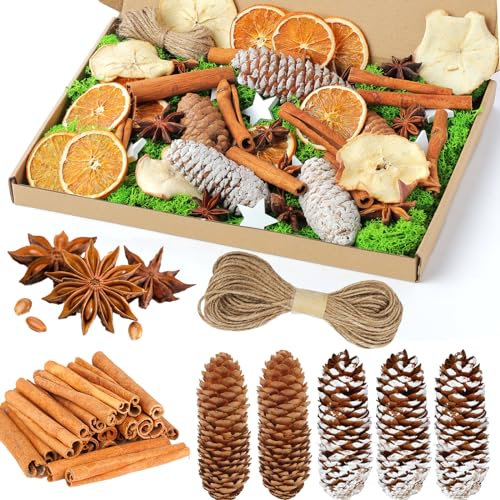 Fox·Bunny 56 Stück Weihnachtskranz Deko, Adventskranz Zubehör, Getrocknete Orangenscheiben, Apfelscheiben, Zimtstangen, Sternanis, Pentagramm, Tannenzapfen, Moos Für Adventskranz Deko Set