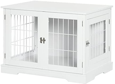 PawHut Cage pour Chien Animaux 2 en 1 Table d'appoint avec 2 Portes verrouillables - dim. 76L x 54.5l x 56H cm - Métal et MDF