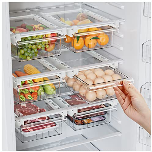 SNSLXH 2 Pack Refrigerator Drawer Organizer, Pull Out Shelf Storage Transparent Organizer for Egg, Fruit, Vegetable, Seafood, Meat, Fit All Fridge Shelves Under 0.6''