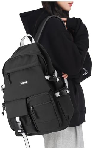 HYC00 Schulrucksack Teenager Mädchen Jungen Schulranzen Rucksack Damen Schule College Backpack Wasserdicht Schultasche 14 Zoll Laptop Rucksack für Die Schule Reise Tagesrucksack School Bag, Schwarz