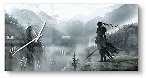 DEQORI Glasuhr | vertikal 60x30 cm | Motiv Ninja Steht an der Klippe | große XXL Design Uhr aus Glas | leise Wanduhr für Wohnzimmer & Küche | Moderne Hingucker Uhr für die Wand