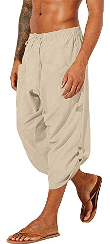 YAOHUOLE Herren Baumwolle Leinen Hosen Lose Casual Yoga Hosen Strandhose Sommer Leichte Elastische Taille Kordelzug, khaki, 36-41