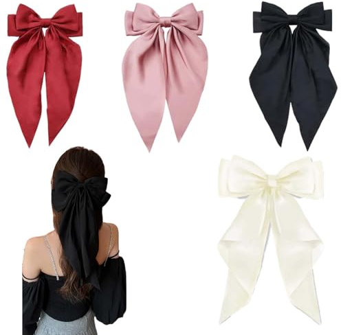 Dinghaole 4 Pièces Arcs à Cheveux Grand Pinces à Cheveux pour Filles Femmes Barrettes en Ruban avec Queue en Satin Soyeux | Accessoires de Coiffure | Barrettes Françaises aux Motifs de Noeud Papillon