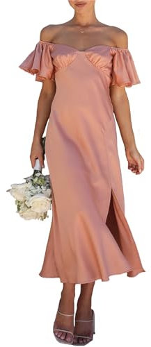 Phicia 2023 Sommer Damen Satin Schulterfrei formelles Kleid Hochzeit Gäste Elegant Schmetterling Ärmel Split Cocktail Abschlussball Midi Kleider, Desert Rose, Klein