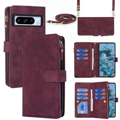 Cavor Google Pixel 8 Pro Case With Card Holders With Strap,Flip Leather Wallet Crossbody Case,[9 Card Holders][Double Buckle][Detachable Lanyard],Phone Case Cover for Google Pixel 8 Pro - Red