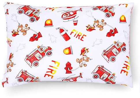 PinkZebra Kopfkissenbezug Kinder, Kissenbezug 40 x 80 cm aus 100% Baumwolle, Kissenhülle Jungen, Öko-tex Standard 100, Kinderbezüge mit Reißverschluss, Feuerwehr