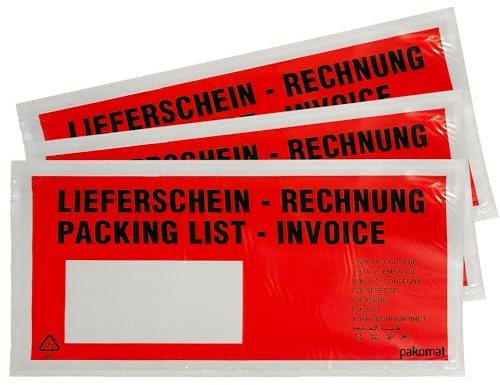 PAKOMAT Lieferscheintaschen DIN DL lang selbstklebend Dokumententaschen Begleitpapiertaschen rot-schwarz bedruckt LieferscheinRechnung (500)