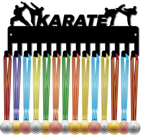 CREATCABIN Porta Medaglie Karate Porta Medaglie Espositore Cornice Sport Appeso Premi per Atleti Ferro Piccolo Montaggio A Parete Decor con 14 Gancio per Competizione Nastro Cordino Medaglie 29x11.9cm