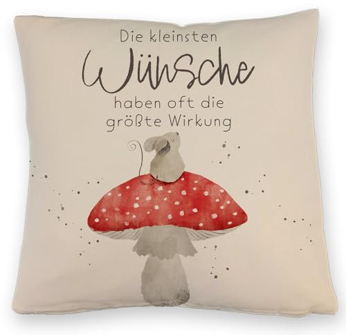 Maus auf Fliegenpilz Kissen mit Leinenoptik mit Spruch Kleinste Wünsche größte Wirkung Träumender Pilz Gezeichnete Wünsche Geburtstagsgeschenk mit Punkten