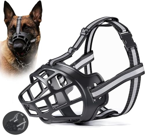 Maulkorb für große Rassen, verstellbarer Maulkorb für XL-Bully, atmungsaktiver Korb-Maulkorb aus weichem Silikon mit reflektierendem Streifen, um Beißen, Bellen und Kauen zu verhindern, Hunde können