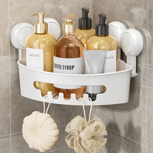 LEVERLOC Suction Shower Caddy Corner Shower Shelf No Drilling Bathroom Storage Removable Waterproof Bathroom Caddy Storage Organizer for Room Kitchen Toilet Tiles Accessories, White+clear