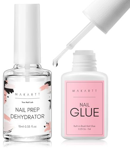 Makartt Nail Glue für Nagelspitzen Set - 7ml Fälschte Nägel Kleber mit 10ml Dehydrator für Nageloberflächenreinigung