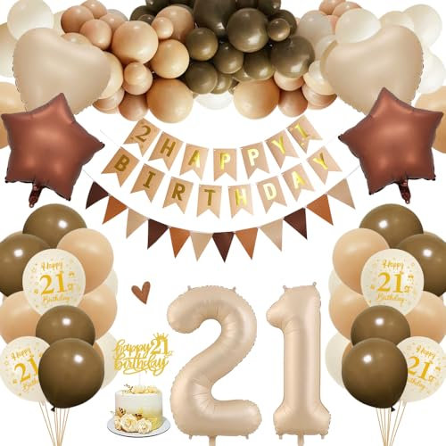 21. Geburtstagdeko Junge Mädchen, 21 Jahre Braun Beige Ballon Arch Kit mit Happy Birthday Banner, Cake Topper, Geburtstag Zahlen Luftballon 21 Jahre, Folienballon, Party Deko für Geburtstag