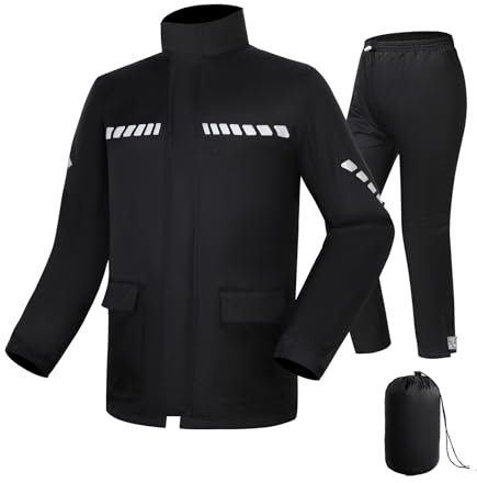 CTBQiTom Tenue de Pluie pour Moto, Combinaison Légère avec Blouson et Pantalon de Pluie Réfléchissants, Tenue Imperméable et Respirante,Noir,L