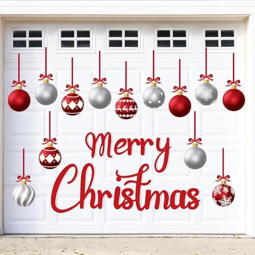 KAHEIGN 31Pcs Christmas Garage Door Magnets, 19CM Merry Christmas Magnet Sticker with 13Pcs Christmas Balls and Hanging Bows for Xmas Holiday Garage Door Refrigerator Car Decoration (Red Silver)