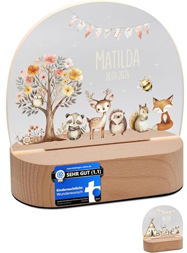 Bärenfreunde® - Personalisiertes Nachtlicht für Babys - Individuelle Nachttischlampe für Kinder - Personalisierte Geschenke Kinder - Babygeschenk - Geschenk zur Geburt (Blumenbaum Tiere)