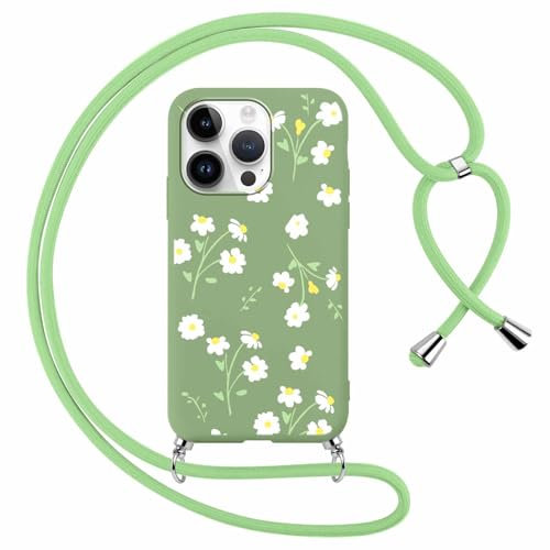 Xylota Funda Cuerda para iPhone 14 Pro Max 6,7, Aesthetic Dibujos Flores Carcasa Colgante Ajustable Correa Cordón Cadena Collar Case, Suave Silicona TPU Antichoque Cover para iPhone 14 Pro Max, Verde