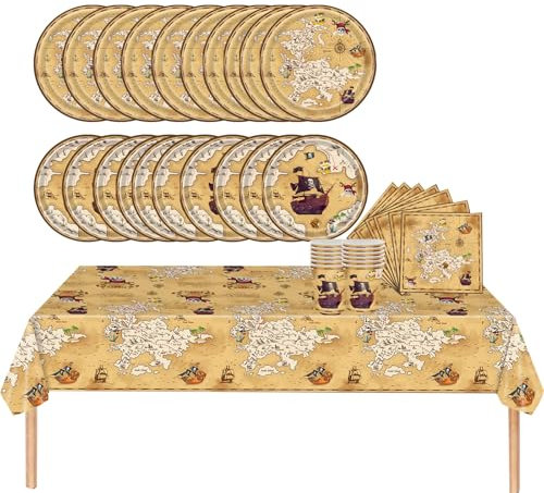 69-Piece Pirate Party Paper Tableware Set - Game Table Cloth, Plates, Napkins, Serviettes - Birthday Table Decorations for Kids Boys Girls Treasure Theme Party Supplies