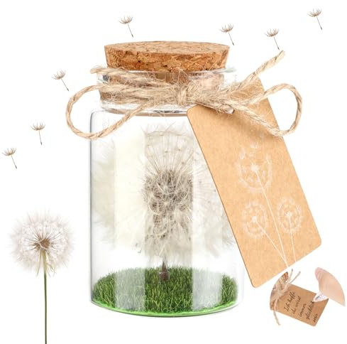 Echte Pusteblume im Glas, Wunscherfüller, Geschenke für Frauen Freundin Mädchen Geschenke, Handgefertigt für Geburtstag Hochzeit Jugendweihe Weihnachten Valentinstag (4.5 * 7.5 cm)