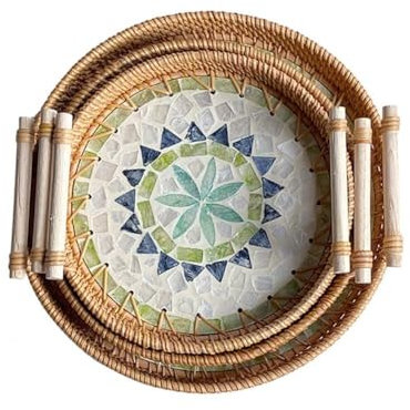 Bandeja For Servir De Ratán Tejido Con Asas, 3 Piezas De Cesta De Mimbre Redonda For Servir, Bandeja Decorativa Multifunción , Bandejas De Mimbre Tejidas A Mano For Café, Bebidas, Desayuno, Velas(3 Pi