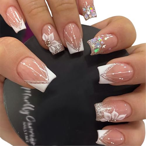 Kinretixia 24 Stück French Tips zum Aufdrücken der Nägel, kurze, quadratische künstliche Nägel mit Glitzer-Pailletten-Designs, künstliche Nägel, falsche Nägel für Frauen