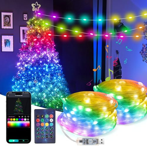 Wodasi 2 Piezas Guirnalda luminosa RGB 10M, Navidad Decoración Luces 100 LED, USB Guirnalda Luces con Mando, Sincronización Música, Control Remoto/Control APP, para Interior, Exterior (2 piezas 10 m)