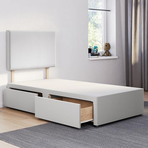 ComfoRest - Luxurious 3FT Single Divan Bed with 2 Drawers & Plain 24 Headboard | Sturdy Base with Storage for Compact Rooms (Silver Plush)