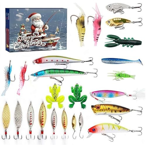 Angeln Adventskalender 2024, Angelköder Adventskalender 24 Tage Weihnachten Countdown Fishing Tackle Adventskalender, Adventskalender für Erwachsene Angelliebhaber, Kreative Weihnachtsgeschenke