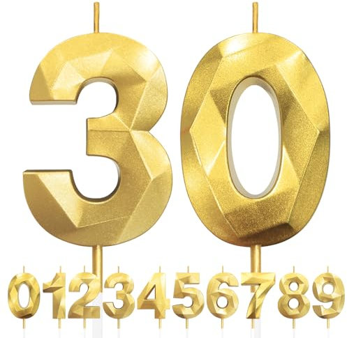 Geburtstagskerzen Zahlen 30, 5cm 3D Gold Geburtstagskerzen, Kerzen Geburtstag, Zahlenförmige Kerze, Tortendeko Geburtstag für Geburtstag Party, Hochzeiten, Jubiläen, Birthday Candle Nummer 30