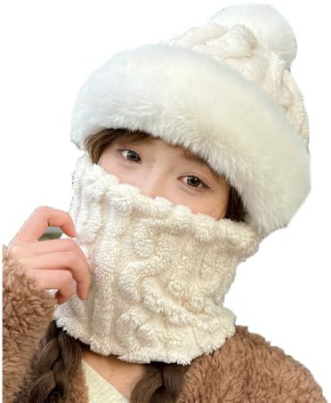 SMTCM Plüsch Sturmhaube Damen 2 in 1 Wintermütze Warme Mütze Schal Set Strickmütze mit Halswärmer Bommelmütze mit Ohrenschutz Schalmütze Balaclava Schlupfmütze Gesichtsmaske für Radfahren Ski Outdoor