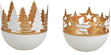 2er Set Windlicht weiß goldfarben aus Metall Sterne und Tannenbaum Teelichthalter Weihnachtsdeko Deko Weihnachten