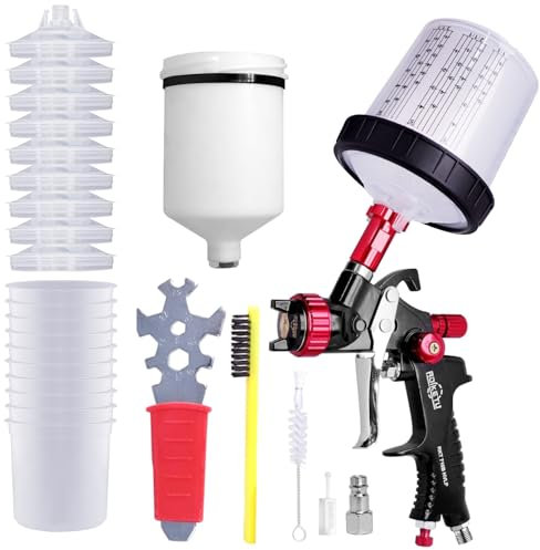 HVLP Lackierpistole-Professionelle Farbspritzpistole Spritzpistole mit 1,3 mm Düse und 600 ml Plastikbecher,Feinsprühsystem Sprühpistole für Autolackierung (1.3MM with 10pcs Spritzpistole Cups)