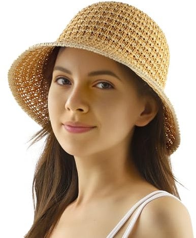 ACUSHLA Damen Sonnenhut, Faltbarer Strohhut, Breite Krempe, Waschbar, Verstellbar, für Strand, Angeln, Golf, Reisen, Gartenarbeit (DE/NL/SE/PL, Alphanumerisch, 46, 58, Khaki)