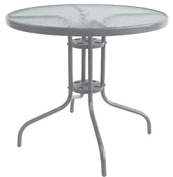 HERSIG - Mesa de Jardin Redonda de Acero y Vidrio Templado - Mesa Exterior Color Gris 80x70 CM - Mesas de Terraza y Jardín Redondas Resistentes - Mesas para Verano Exterior con Cristal Texturizado