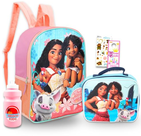 Disney Moana Backpack with Lunch Box Set - Bundle with 15 Backpack, Lunch Bag, Stickers, Water Bottle, More | Moana School Bag for Girls, Kids