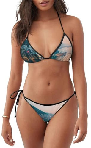 Traje de baño de dos piezas con estampado de Hong Kong, trajes de baño triangulares para mujer, conjunto de bikini de cuerda con lazo lateral, Negro -, XXL