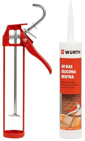 Kit WURTH pistolet manuel + silicone neutre blanc A9 BAS - 310 ml - Usage professionnel - Spécial aluminium et PVC - Rapport 7:1 - Calfeutrage précis