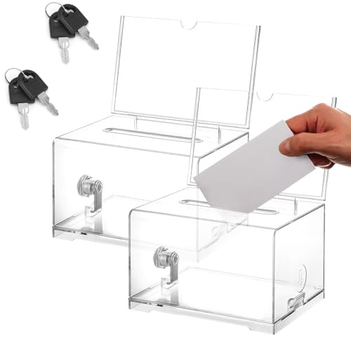 Acrylspendenbox, 2 Stück Acrylspendenbox, Spardose Transparent, mit Schloss und Schlüssel, mit Einstecktafel, für Abstimmungen, Gewinnspiele, Wettbewerbe, Visitenkarten
